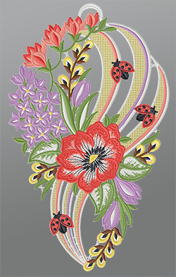 Fensterbild aus Plauener Spitze® - Sommerblumen mit Marienkäfer #1W mehrfarbig