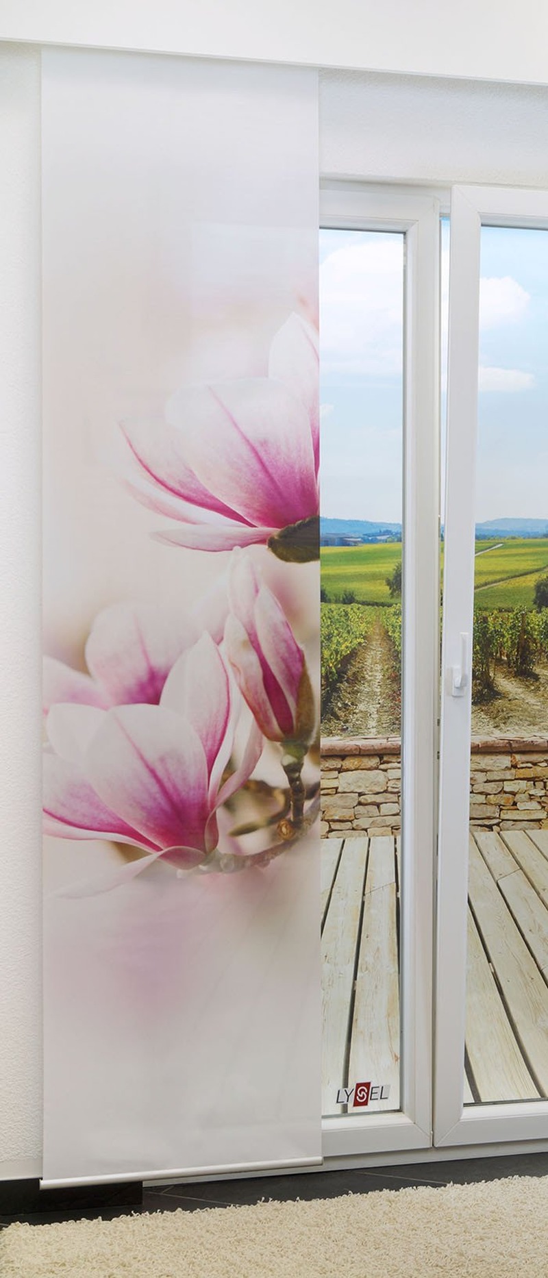 Schiebegardine 245cm x 60cm, mit Motiv Magnolienblüten
