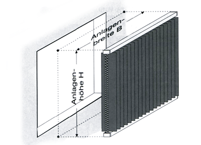 Oben und unten gef&uuml;hrte Vertikalanlage mit feder-gespannten Lamellen zwischen zwei Schienen